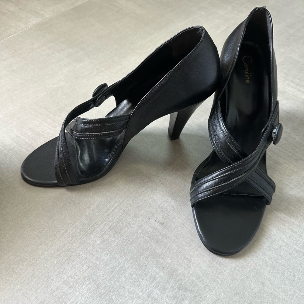 Open Toe Black Leather Heels